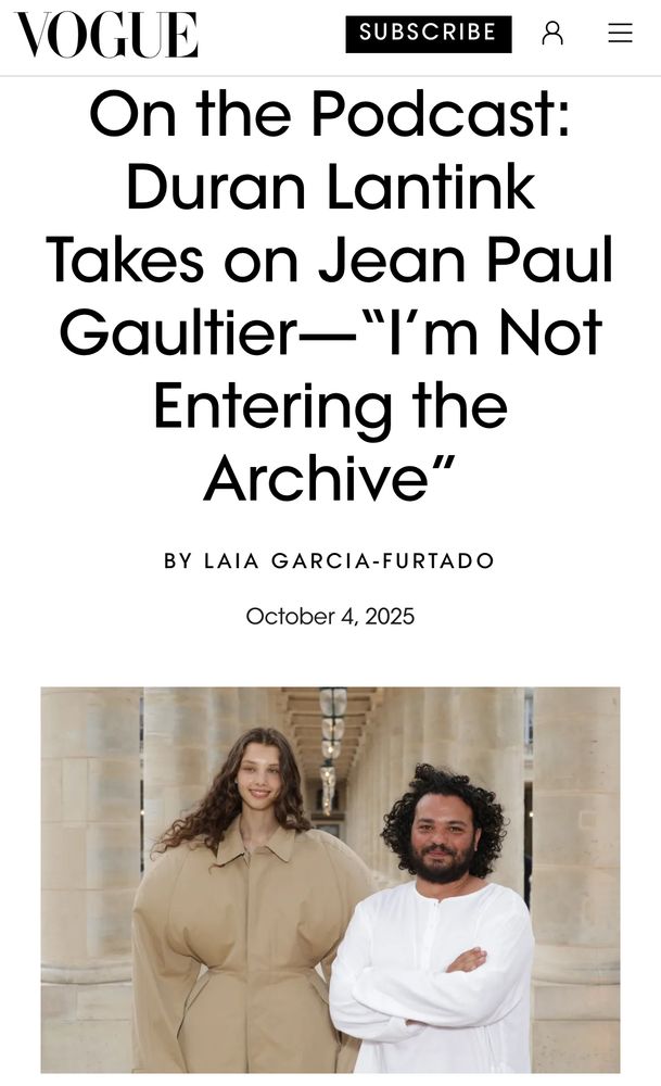 screenshot of vogue article “Duran Lantink Takes on Jean Paul Gaultier - I’m Not Entering the Archive”