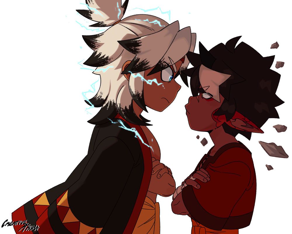Digital illustration of a white haired boy with his arms crossed staring angrily at Kai, a brown haired boy with his arms also crossed. Electricity is flowing on the white haired boy’s hair and rocks are floating behind the brown haired boy.
