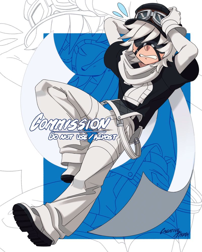 Commissioned illustration of JDharley’s oc: a pale-skin boy with white hair wearing a black eye mask and white overalls. He is holding onto his hat with a worried expression.