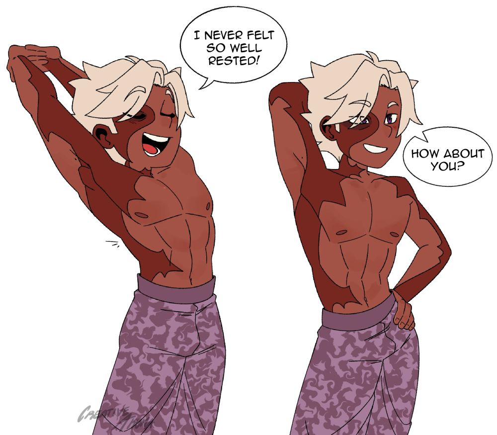 Comic-esqe doodle of Dhar stretching his arms saying, “I never felt so well rested!” The next image he is resting his arm on his hip saying, “How about you?”