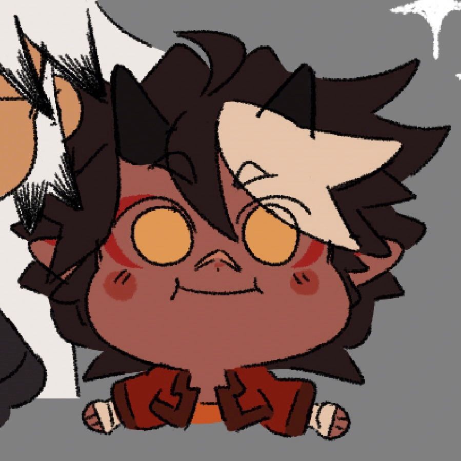 Zoom up of a chibi drawing of the gluttonous beast, Kai, a brown-skin boy with big yellow eyes.