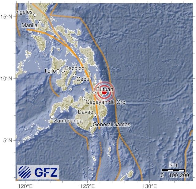 Map showing the earthquake of 2025-10-11 in Mindanao, Philippines