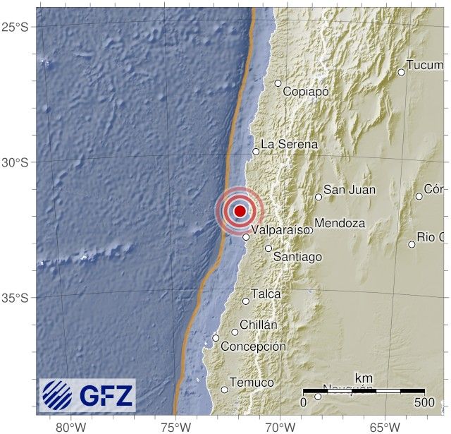 Map showing the earthquake of 2025-10-07 in Off Coast of Central Chile