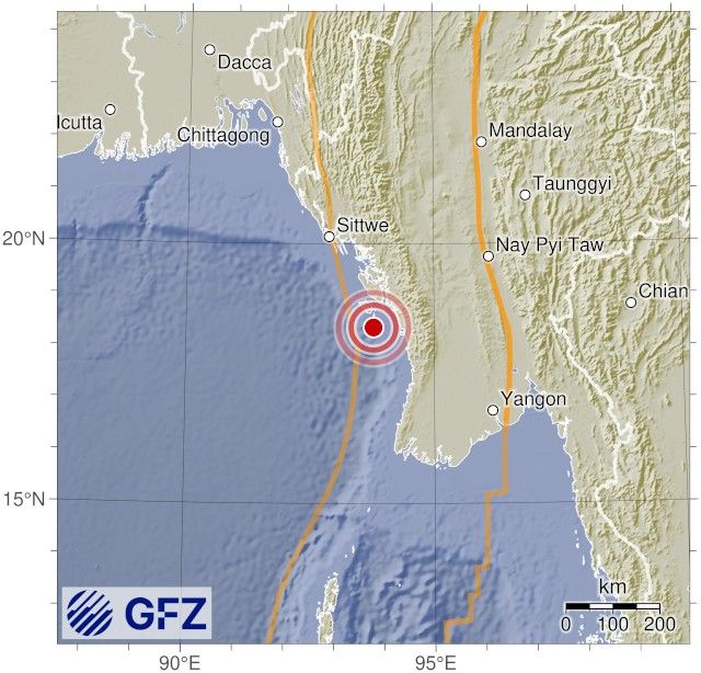 Map showing the earthquake of 2025-10-10 in Myanmar