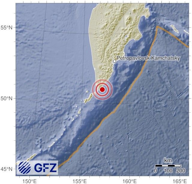 Map showing the earthquake of 2025-10-08 in Near East Coast of Kamchatka
