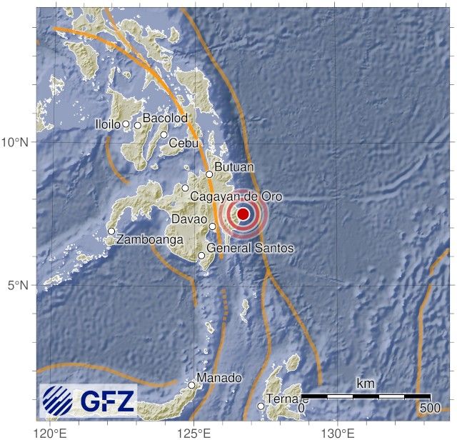 Map showing the earthquake of 2025-10-14 in Mindanao, Philippines