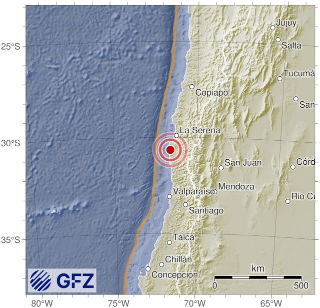 Map showing the earthquake of 2025-10-13 in Near Coast of Central Chile