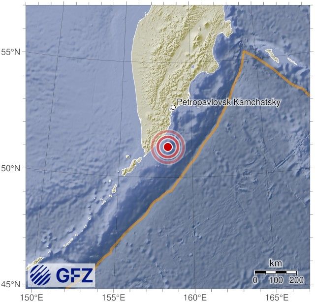 Map showing the earthquake of 2025-08-01 in Near East Coast of Kamchatka