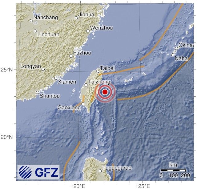 Map showing the earthquake of 2025-10-08 in Taiwan Region