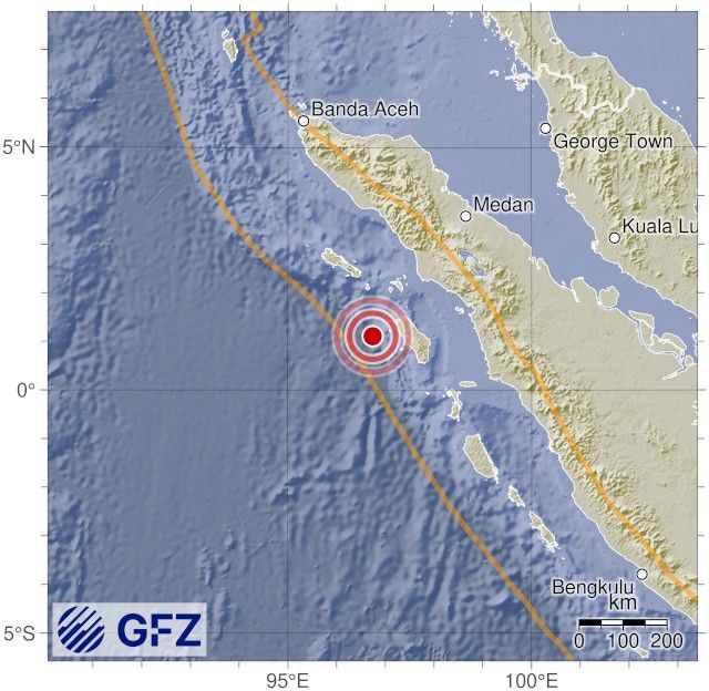 Map showing the earthquake of 2025-11-27 in Off West Coast of Northern Sumatra