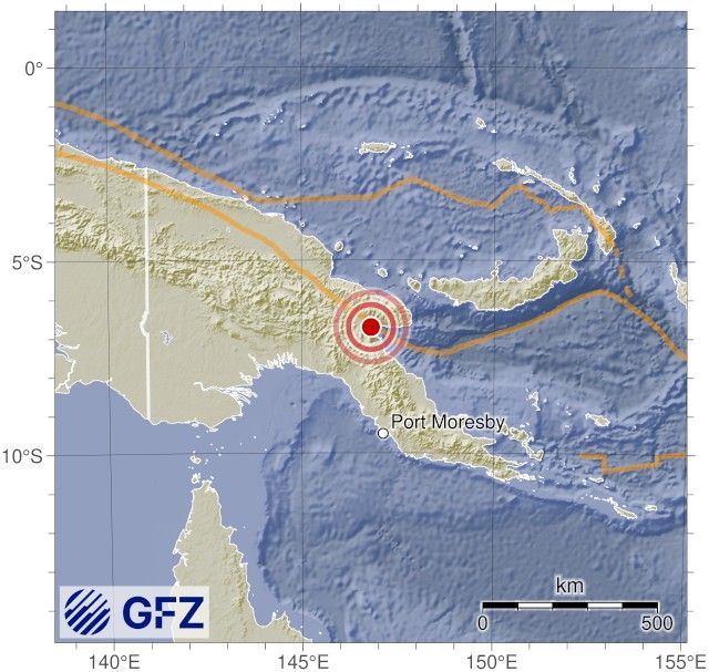 Map showing the earthquake of 2025-10-07 in Papua New Guinea Region