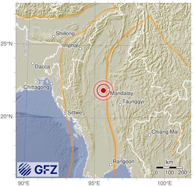Map showing the earthquake of 2025-03-28 in Myanmar