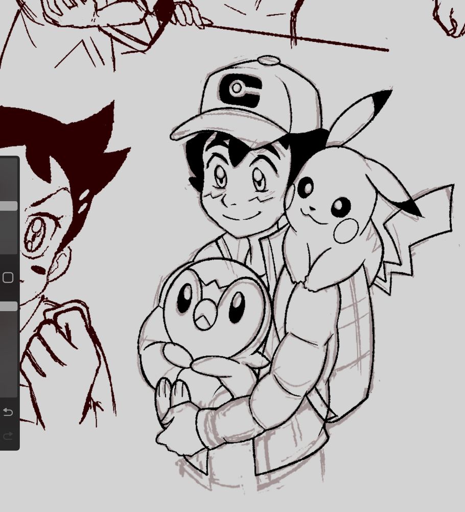 doodle of Ash holding piplup with Pikachu on his shoulder
