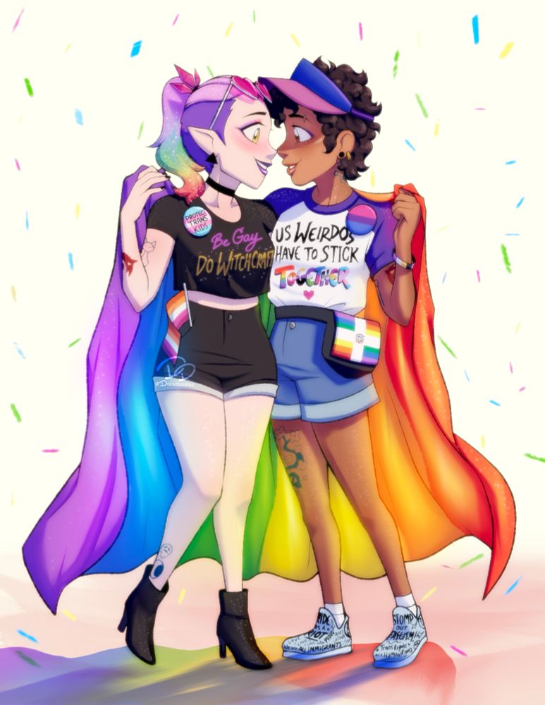 Timeskip Amity and Luz from The Owl House, smiling nose to nose and holding a rainbow pride flag around their shoulders. Amity is wearing a black crop top that reads Be Gay, Do Witchcraft. Luz’s purple baseball tee reads: Us Weirdos have to stick Together — the font colored like several different pride flags. Her white shoes have writing on them including Pride was a Riot, Stomp out Fascism, We are all Immigrants, and Trans rights are human rights. She’s also wearing a nonbinary bracelet, a fanny pack with a Dominican Republic pride flag, a bi pin, and a bi colored visor. Amity has rainbow colored hair, a lesbian flag in her pocket, pink heart eye sunglasses, and a trans pin that says “protect trans kids” They’re surrounded by colorful confetti and glitter.
