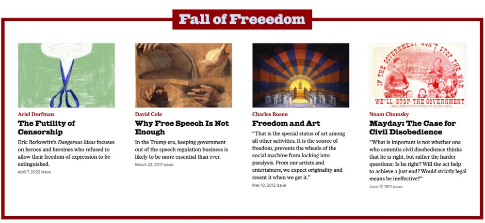 Fall of Freedom banner over a selection of archive articles about free speech and civil disobedience