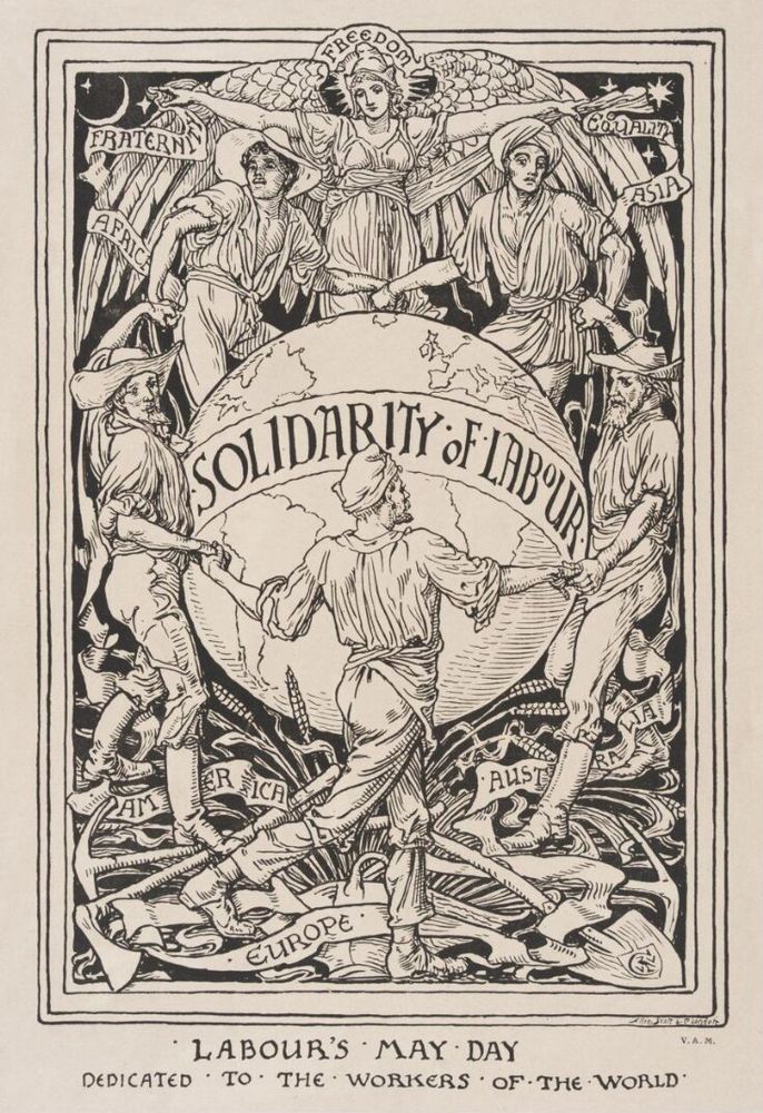Walter Crane engraving of workers labeled with the names of the continents joining hands around a globe