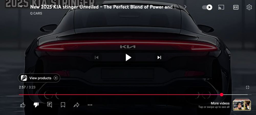 Screenshot of a YouTube video by Q Cars promoting the reveal of the 2025 Kia Stinger that's completely fake and AI generated.