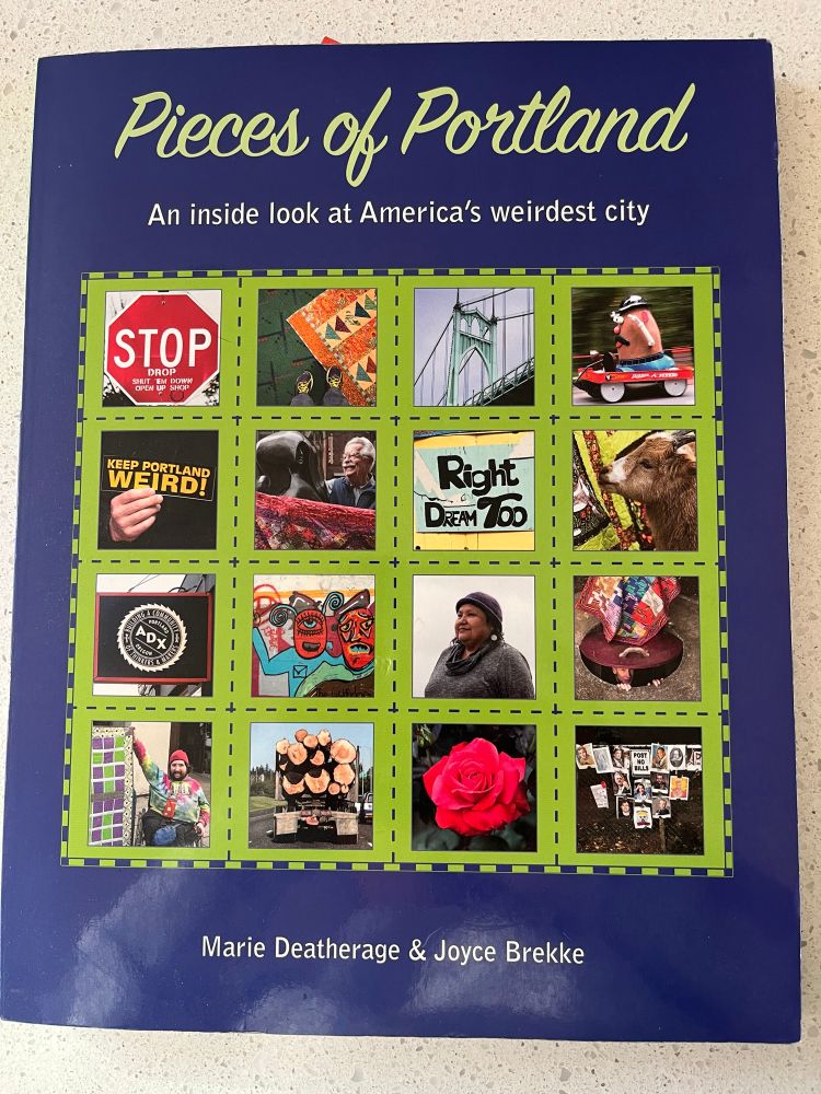 The cover of a book titled pieces of Portland with photographs of Portland and quilts in the form of a quilt