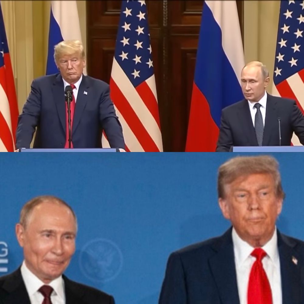 Top photo of Trump and Putin at the Helsinki 2018 summit. Bottom photo Putin and Trump after the 2025 Alaska summit Trump has the same dismayed, exhausted and spent face.