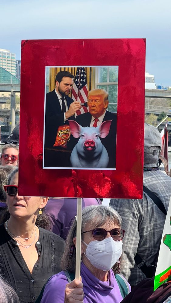 A protester with a N 95 mask on holding a sign showing Vance Dustin Trump’s face with Cheeto powder while Trump sits on a pig with lipstick on its snout.