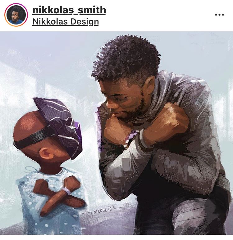 Artwork by Nikkolas Smith of Chadwick Boseman, doing the Wakanda forever sign and smiling at a young boy with a Wakanda mask on