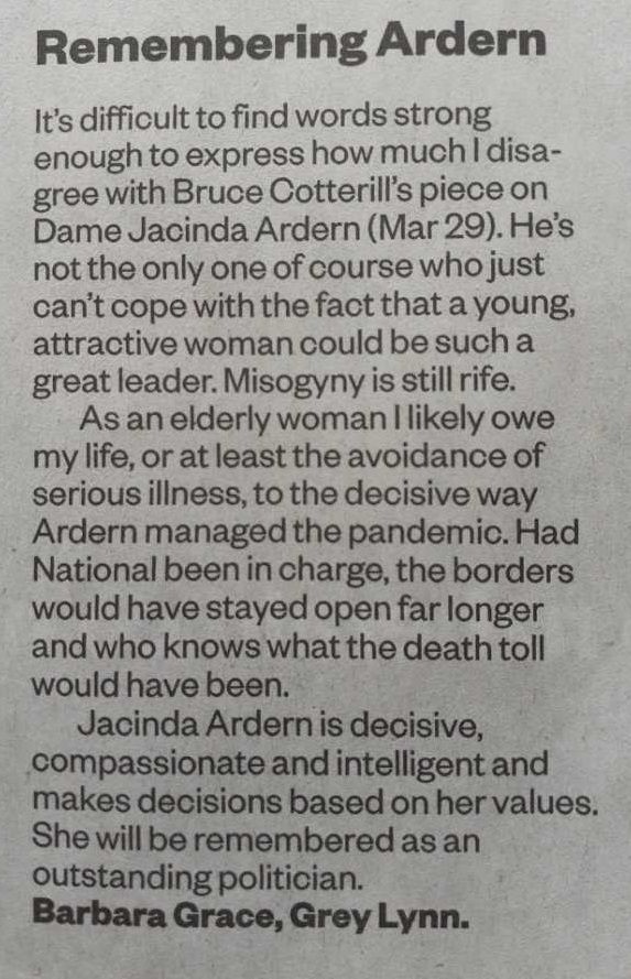 Letter to the NZ Herald crediting Jacinda with being an outstanding politician