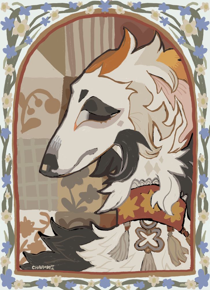 Digital drawing of a borzoi character, with an arch shaped frame full of flowers.