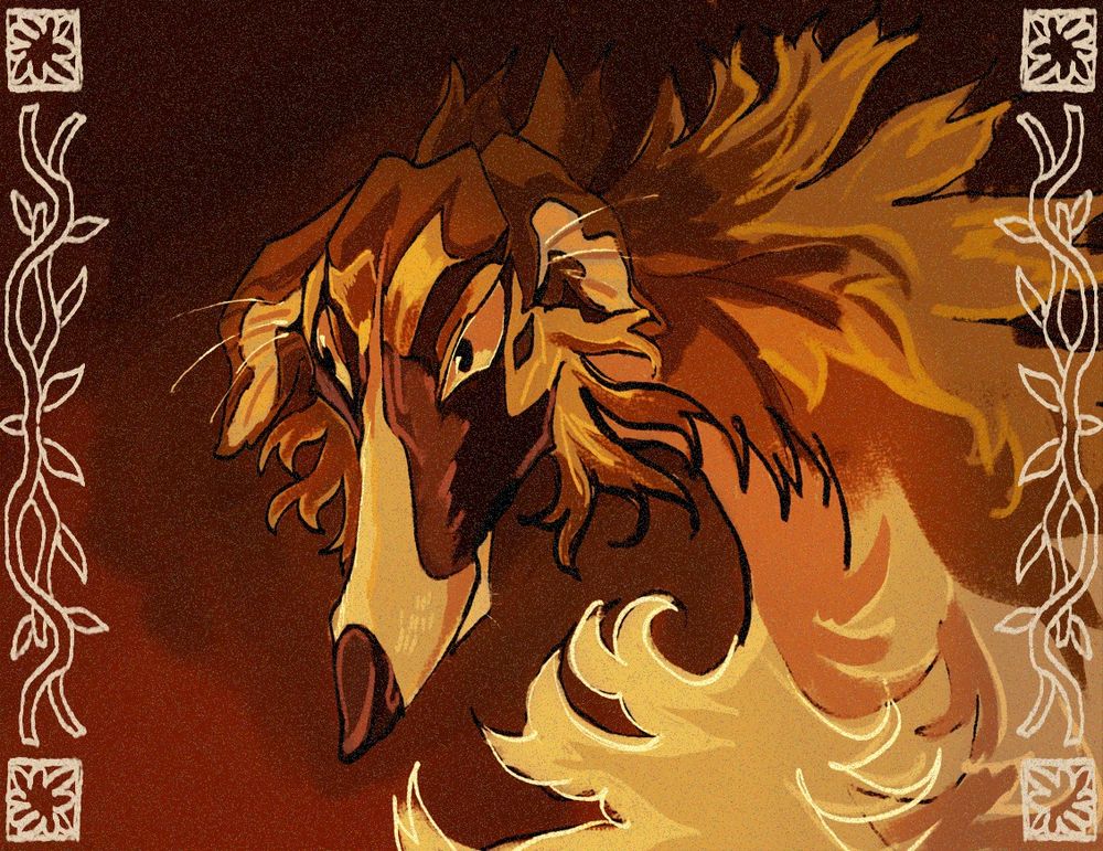 Drawing of a borzoi character. The image has warm tones and has a fire-like ambience. It is adorned with a simple frame.