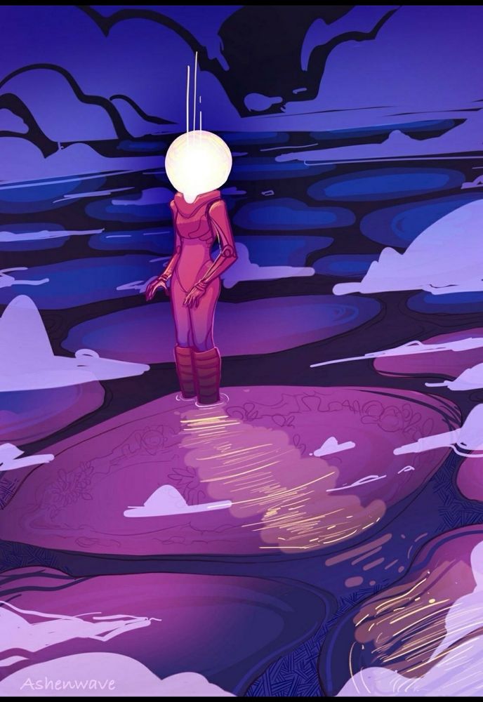 Illustration of a figure dressed in a spacesuit, standing in a landscape covered in what seem to be numerous tide pools. Their helmet glows from within in a warm yellow light, making it impossible to see their face. There is some kind of mist moving between the pools, avoiding the figure.