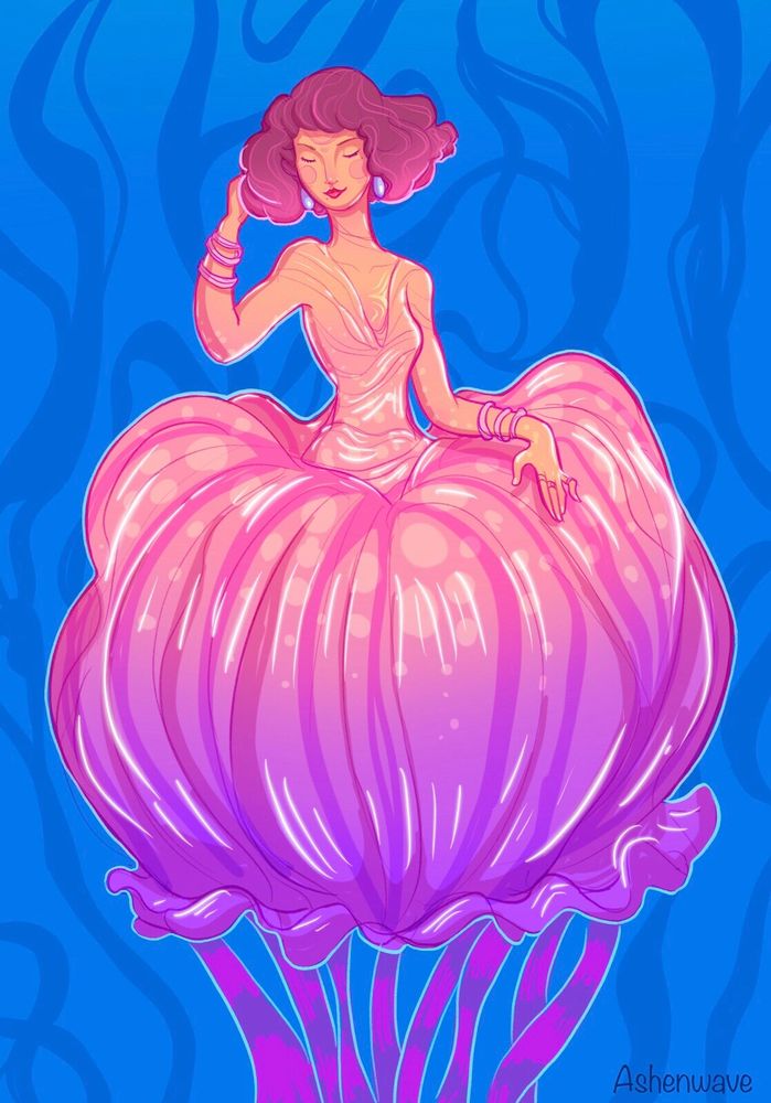 A jellyfish mermaid in pink and orange colors, with a blue background. The jellyfish part of the mermaid looks like a voluminous dress skirt with fine tentacles trailing from it. Her expression is peaceful and charming.