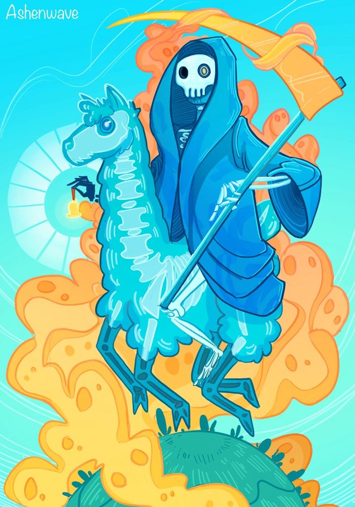 Illustration of a skeletal figure shrouded in a blue robe, riding a bright blue ghost llama. They’re holding a scythe with a golden blade in one hand and a golden bell in the other. Surrounding them there's a cloud made of souls, ready to be reaped.