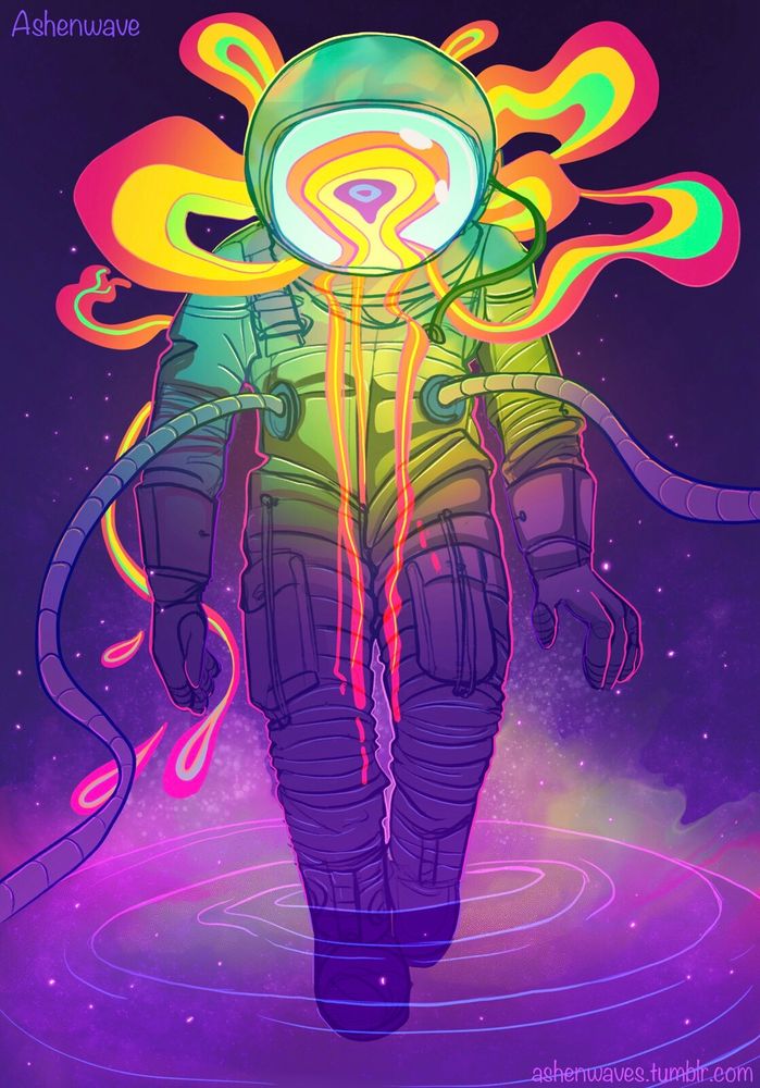 Illustration of an astronaut floating in space, with a very colourful palette, from purples to radioactive green and yellow. The helmet doesn't show a human face but a kind of being made of very vibrant colours, leaking from the astronaut's suit. The colours float in space, illuminating the scene.