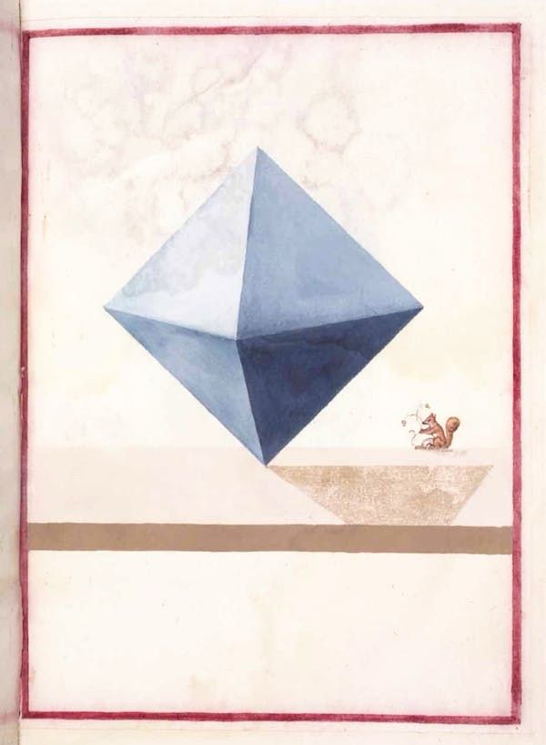 16th century watercolor of octahedron balanced on a point with squirrel nearby. 
