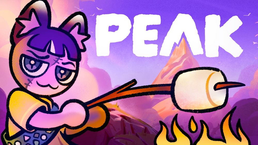 a PEAK character based on Nyellie the Nyecromancer holds a marshmallow on a stick over a fire. The character has ball hands and cartoony features, as well as a scouts sash full of badges from past climbing achievements. In the background, the splash art for PEAK.