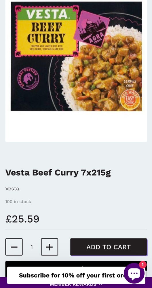 A page from an online shop showing seven Vesta beef curries for £25.59 