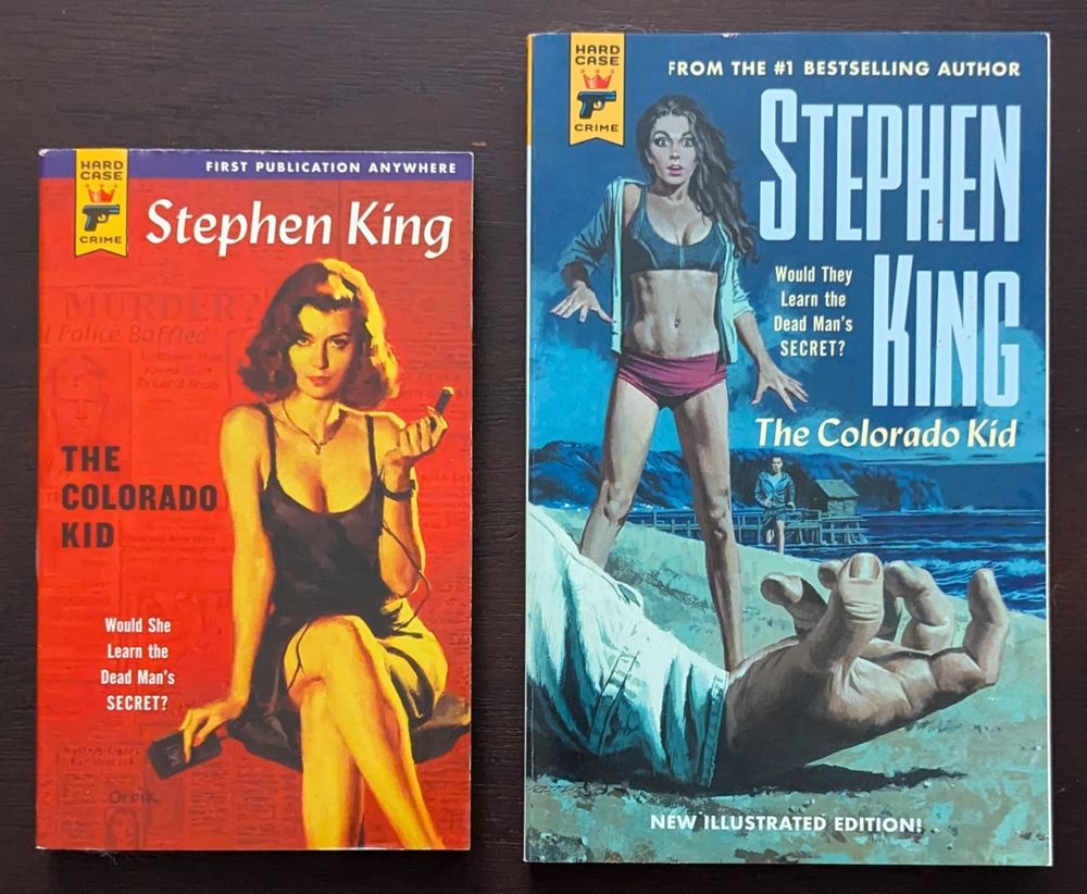 An original 2005 The Colorado Kid on the left, with the 2019 illustrated version on the right.