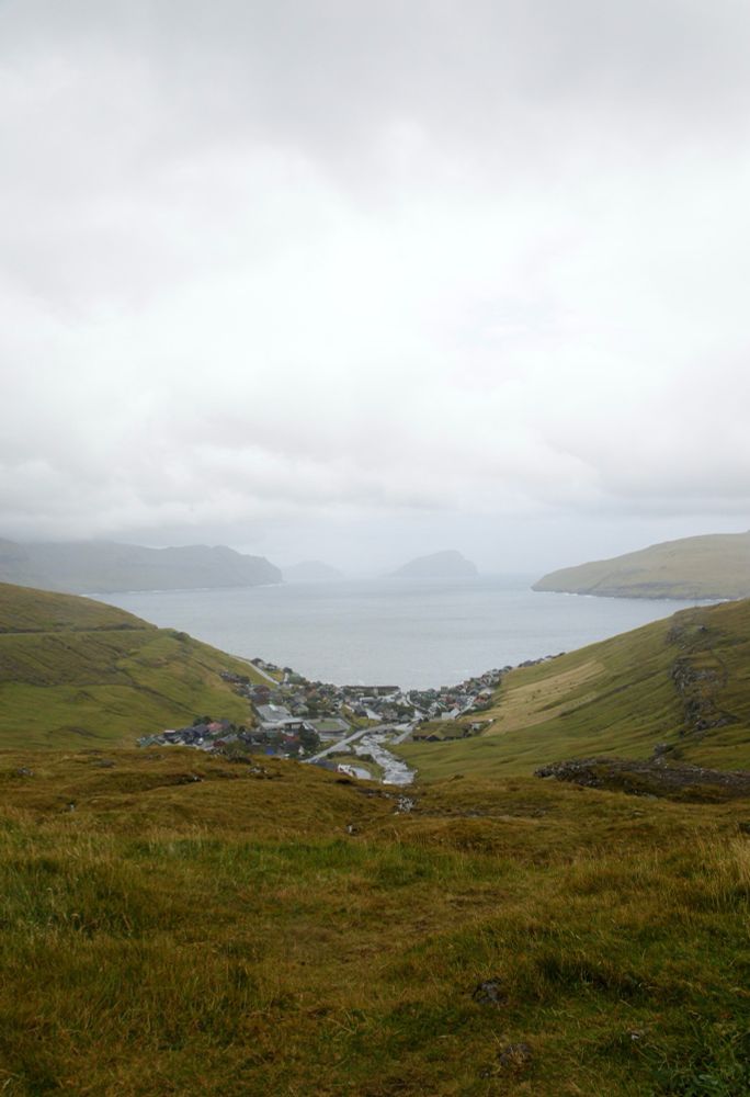 View of a small seaside town, looking down a grassy hill toward the ocean 