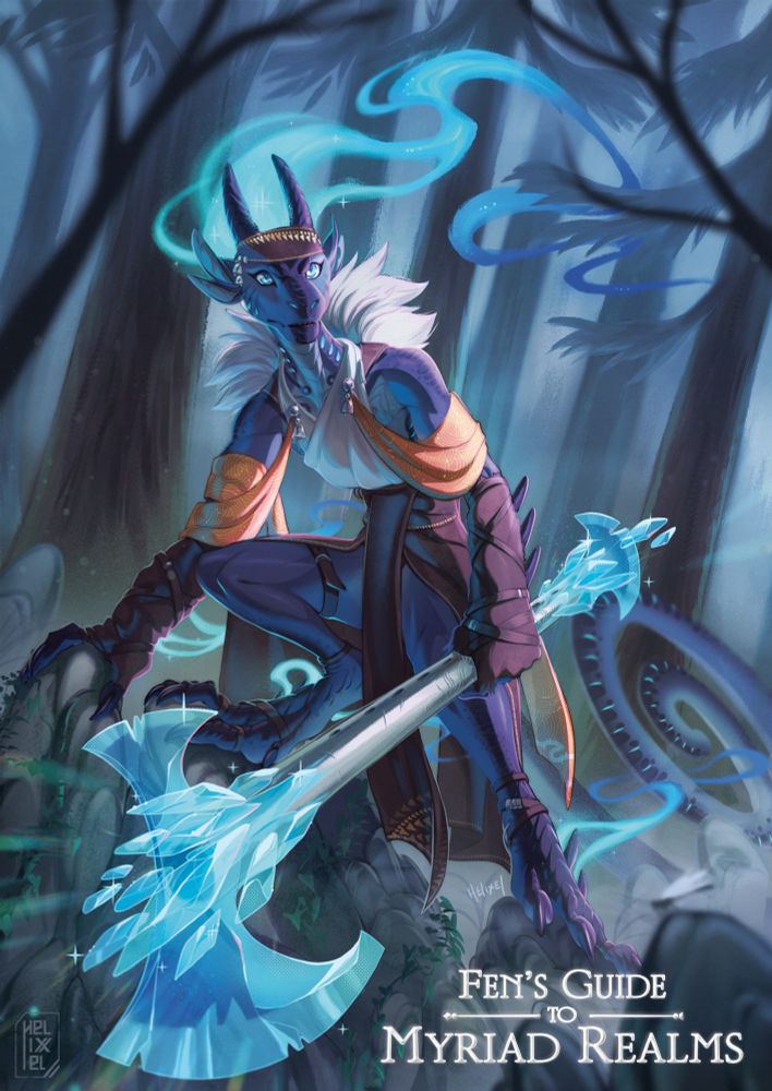 Illustration of a lizard person standing on some rocks in a gloomy forest. They are holding a great axe made out of blue crystal and the handle seems to be a wind instrument. Blue mist is flowing out of various parts of their body. They have a chameleon like curled tail and two sets of ears. 