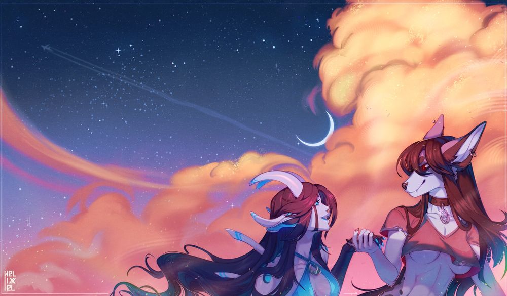 digital illustration, in landscape of a scene with two characters. One is a dog anthro woman with black long hair, she is holding her hand out to another and lifting her up as if helping her up. The other character is a humanoid with horns and a blue top. The BG is a colourful yellow fluffy cloud with a crescent moon and many stars in the blue sky as the scene falls from dusk to nighttime.