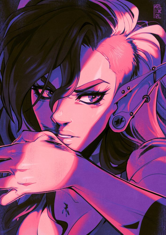 Digital illustration of an elf womans face, she wipes away blood from her nose with her hand while looking off screen threateningly.