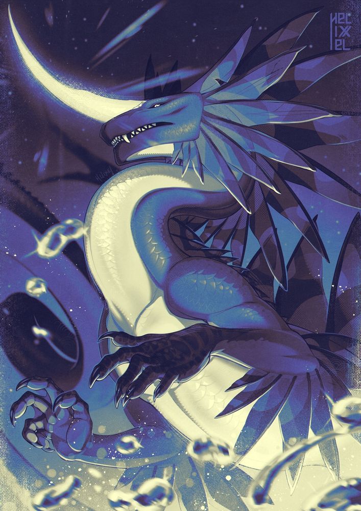digital drawing of a long lithe dragon covered in scales and sharp fins on its back, elbows and cheeks. A large crescent horn made of light comes out of its forehead as it seemingly rears up. Water droplets in the foreground.