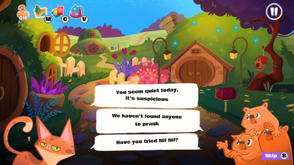 An idyllic sunny landscape with grass-covered huts, resembling Tolien's Shire and hobbit houses. Cat meets three mischievous animals (groundhogs?) and states: "You seem quiet today, it's suspicious". The little group explains: "We haven't found anyone to prank". Cat asks: "Have you tried Nif Nif?". 