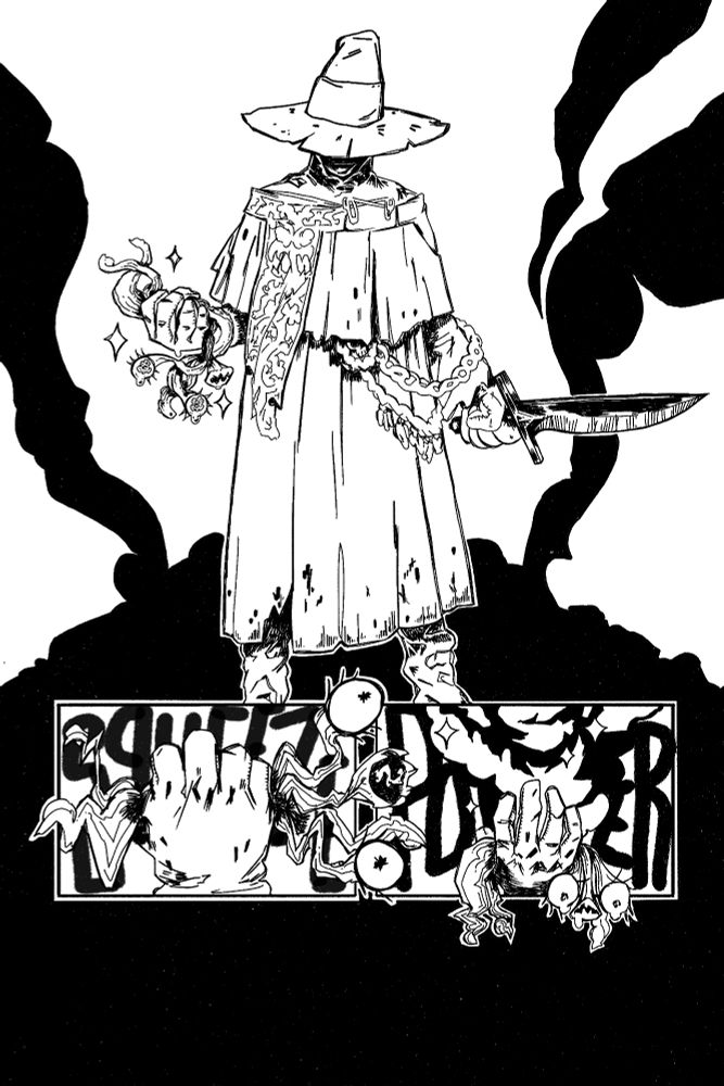 A wizard in a dingy robe in front of the silhouette of a smoking landscape. In one hand he holds a rough hewn short sword in the other he hold his arcane focus. Some small mutated abomination tears in its eyes. The bottom panels he squeezes the creature to draw out it's power.