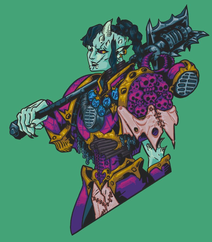 A female slaanesh chaos corrupted warrior, wearing scavenged space Marine armor and welding a power maul. Savona from the fabius bile trilogy 