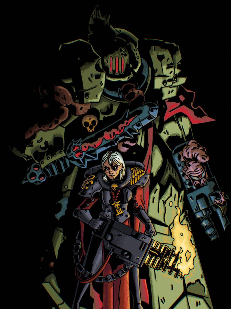 A sister of battle carrying a heavy flamer. Behind her is a hulking death guard Terminator silently stalking the pious warrior in the dark.