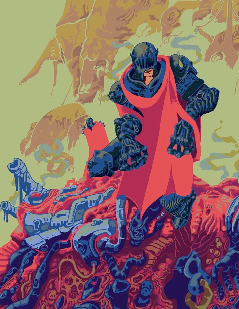 A biomechanical figure clad in red, crouches over a landscape of metal and pulsing flesh. A second figure can be seen behind. Wreckage from some great machine.