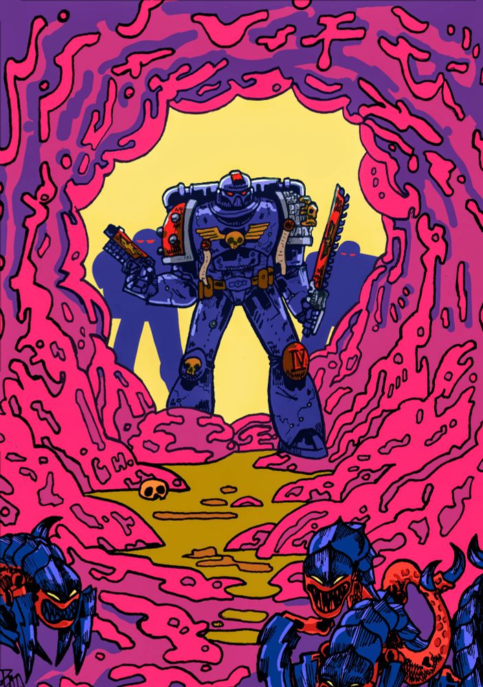 Three deathwatch spaceMarines, climbing in a gross flesh hole following a tyranid ripperswarm at the bottom of the frame. Warhammer 40k