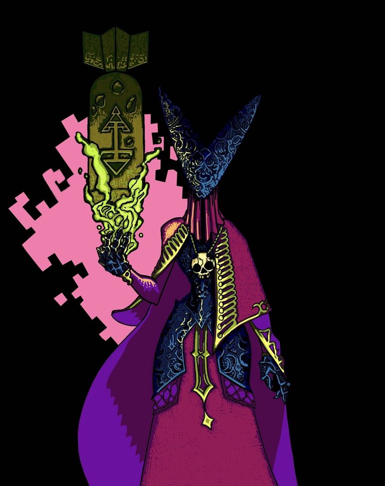 Artillery witch from trench crusade. In bright color. A witch summoning a war head with magic 