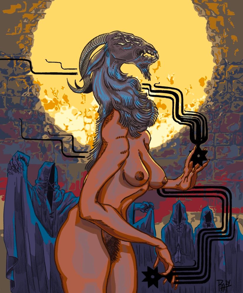 Cultists surrounding a naked goat headed woman casting magic.
