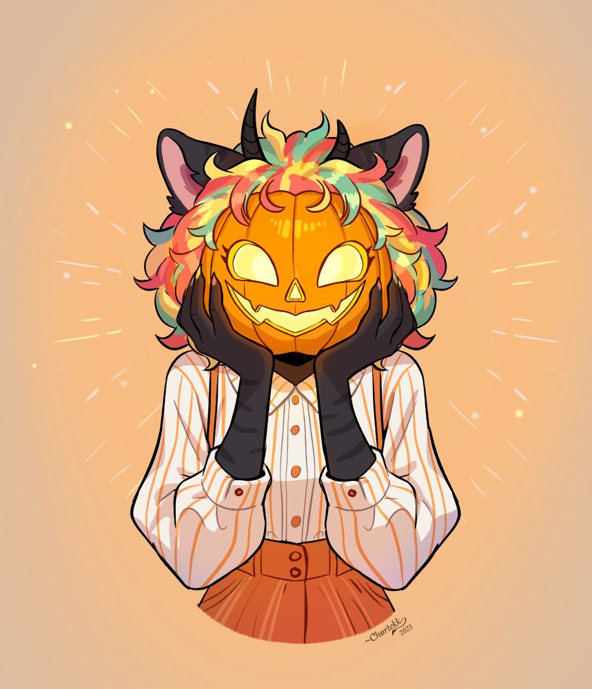 Furry character hiding behind a pumpkin, cozy fall mood